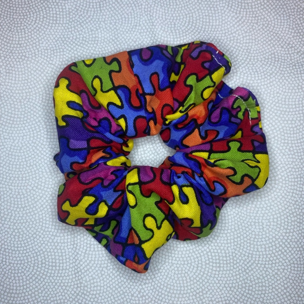 ❤️‍🔥BOGO FREE autism acceptance awareness Rainbow Puzzle Print Hair Scrunchie